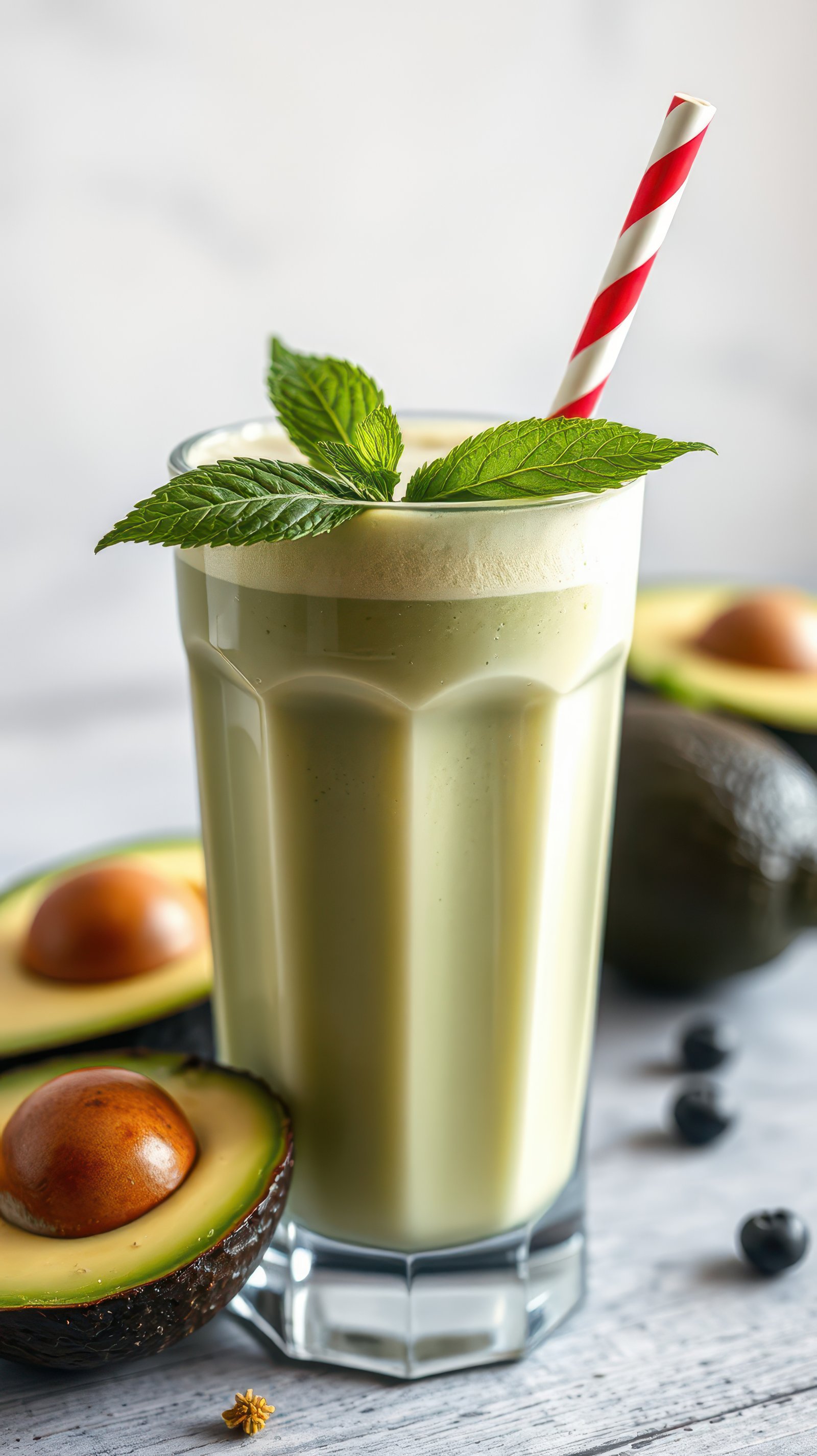 Refreshing avocado smoothie with mint garnish and fruit on the table